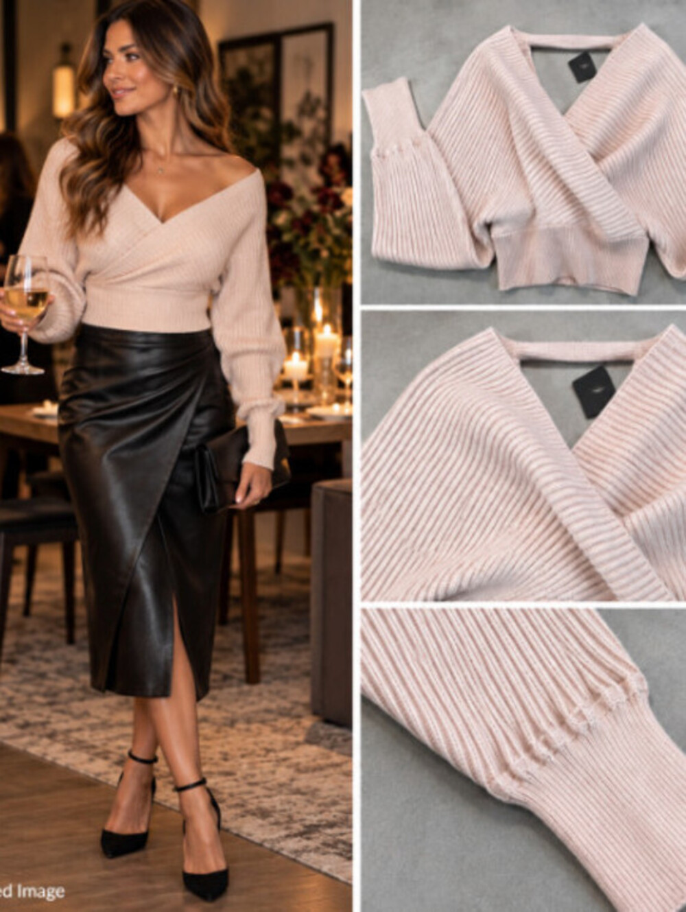 Windsor Ribbed Wrap Sweater Womens L Blush Pink Cropped Surplice V Neck NWT